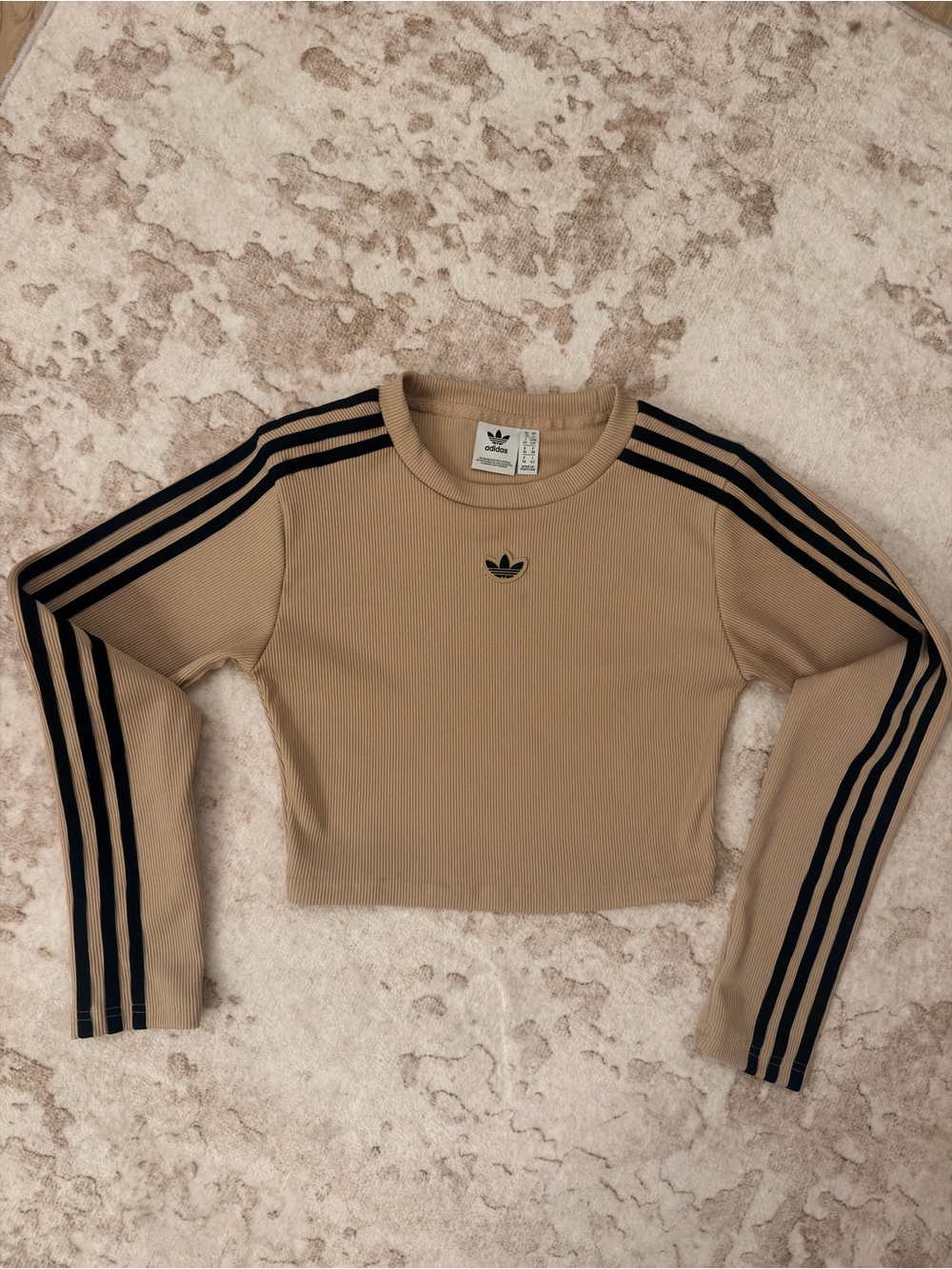 adidas Tan Cropped Ribbed Crew Neck Sweatshirt with Black Stripes